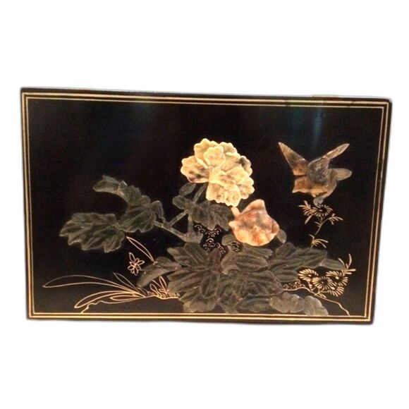 Vintage Asian Laquer Ware Carved Stone Jewelry Box - Picture 2 of 10